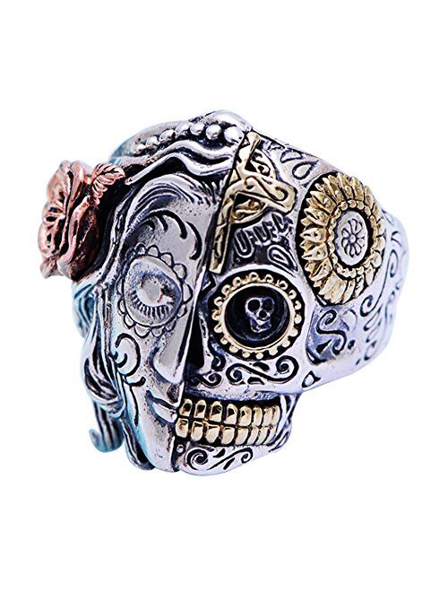 Forfox Gothic 925 Sterling Silver Half Face Sugar Skull Ring Three Tone Angel Devil Ring Biker Jewelry for Men Women Size 7.5-11.5