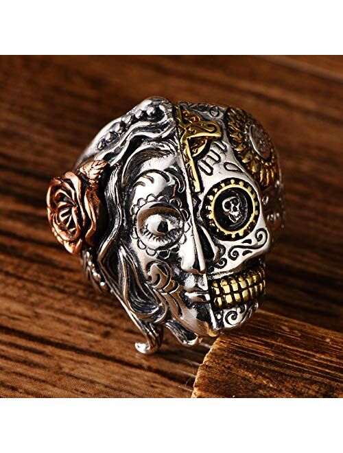 Forfox Gothic 925 Sterling Silver Half Face Sugar Skull Ring Three Tone Angel Devil Ring Biker Jewelry for Men Women Size 7.5-11.5