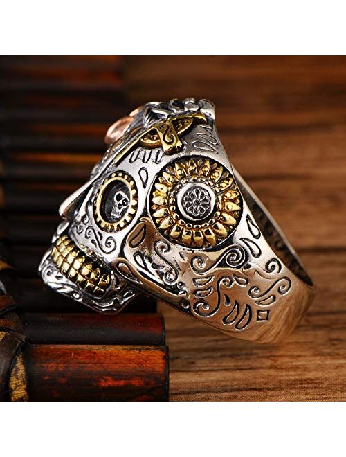 Forfox Gothic 925 Sterling Silver Half Face Sugar Skull Ring Three Tone Angel Devil Ring Biker Jewelry for Men Women Size 7.5-11.5