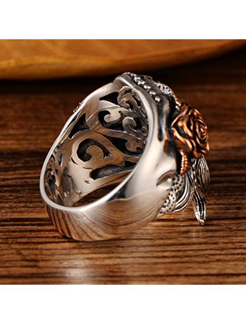 Forfox Gothic 925 Sterling Silver Half Face Sugar Skull Ring Three Tone Angel Devil Ring Biker Jewelry for Men Women Size 7.5-11.5