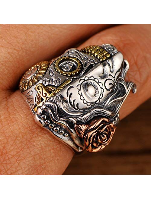 Forfox Gothic 925 Sterling Silver Half Face Sugar Skull Ring Three Tone Angel Devil Ring Biker Jewelry for Men Women Size 7.5-11.5