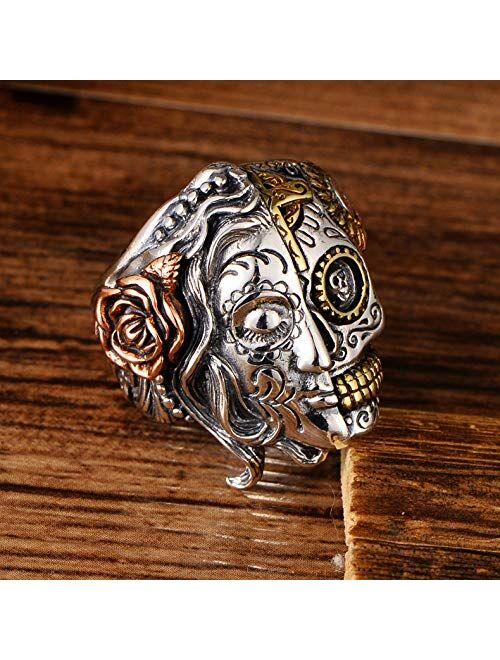 Forfox Gothic 925 Sterling Silver Half Face Sugar Skull Ring Three Tone Angel Devil Ring Biker Jewelry for Men Women Size 7.5-11.5