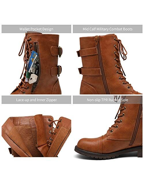 Vepose Women's Combat Boots Military Mid Calf Low Heel Strap Winter Bootie for Women