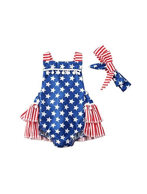 Yanglu 4th of July Baby Girl Outfit Romper American Flag Ruffle Onesie Sleeveless Pompom Jumpsuit Cute Summer Clothes