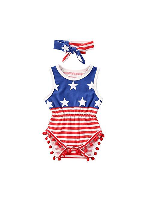 Yanglu 4th of July Baby Girl Outfit Romper American Flag Ruffle Onesie Sleeveless Pompom Jumpsuit Cute Summer Clothes