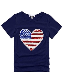 Girls 4th July Shirts Flip Sequin American Flag T-Shirt Tops Short Sleeve Summer Clothes