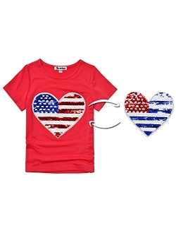 Girls 4th July Shirts Flip Sequin American Flag T-Shirt Tops Short Sleeve Summer Clothes