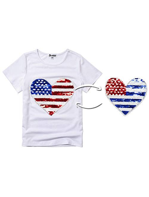 Jxstar Girls 4th July Shirts Flip Sequin American Flag T-Shirt Tops Short Sleeve Summer Clothes