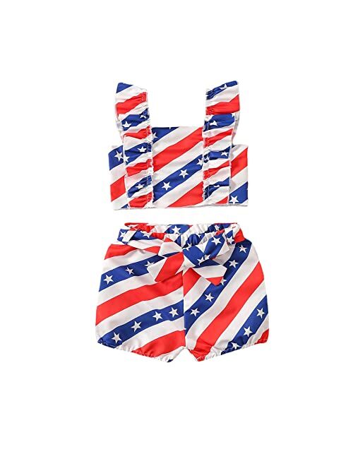 Ammengbei 4th of July Toddler Baby Girls Independence Day Outfit Stars Stripe Halter Crop Tops+Shorts 2Pcs Patriotic Clothes Set