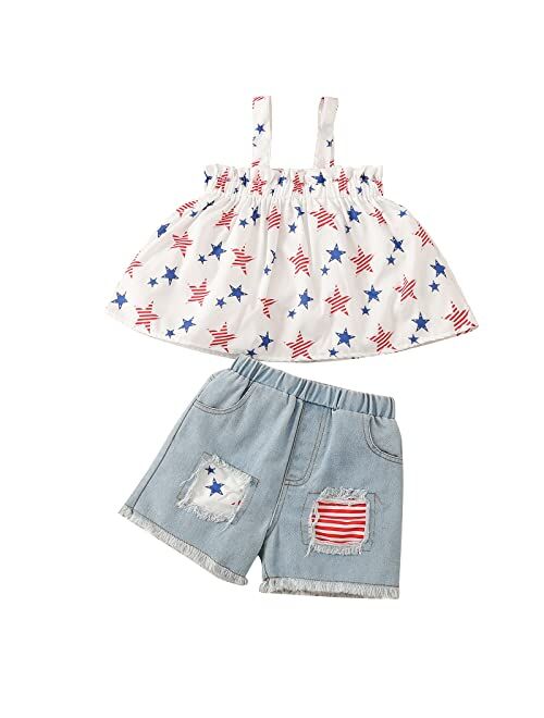 Ammengbei 4th of July Toddler Baby Girls Independence Day Outfit Stars Stripe Halter Crop Tops+Shorts 2Pcs Patriotic Clothes Set