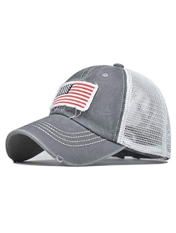 Pogah Distressed Ponytail Hat for Women American-Flag Pony Tail Caps High Bun