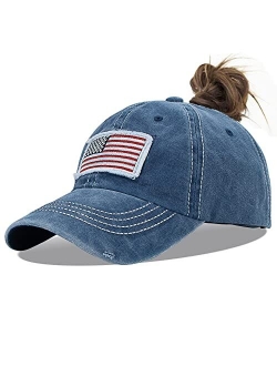 Pogah Distressed Ponytail Hat for Women American-Flag Pony Tail Caps High Bun