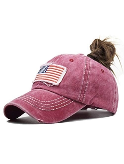 Pogah Distressed Ponytail Hat for Women American-Flag Pony Tail Caps High Bun