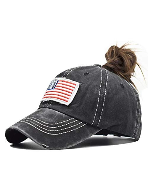 Pogah Distressed Ponytail Hat for Women American-Flag Pony Tail Caps High Bun