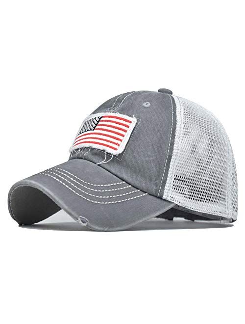 Pogah Distressed Ponytail Hat for Women American-Flag Pony Tail Caps High Bun