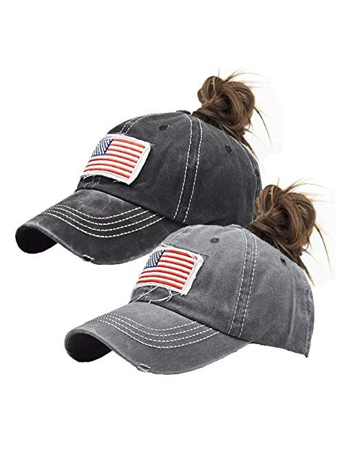 Pogah Distressed Ponytail Hat for Women American-Flag Pony Tail Caps High Bun