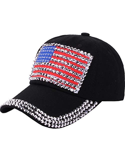 CRUOXIBB USA Bling Baseball Cap Sparkle American Flag Hat for Men Women Hip Hop Caps