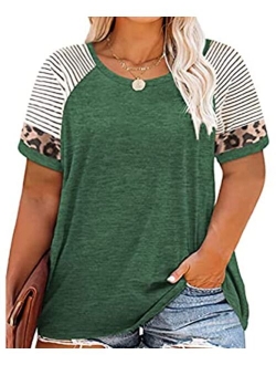 RITERA Plus Size Tops for Women Leopard Camo Floral Print Oversized Color Block Tunic Round Neck Summer Short Sleeve Shirt