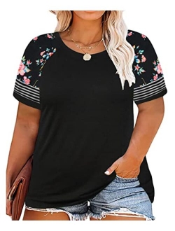 RITERA Plus Size Tops for Women Leopard Camo Floral Print Oversized Color Block Tunic Round Neck Summer Short Sleeve Shirt