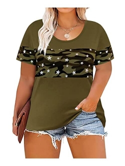 RITERA Plus Size Tops for Women Leopard Camo Floral Print Oversized Color Block Tunic Round Neck Summer Short Sleeve Shirt