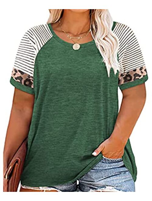 RITERA Plus Size Tops for Women Leopard Camo Floral Print Oversized Color Block Tunic Round Neck Summer Short Sleeve Shirt