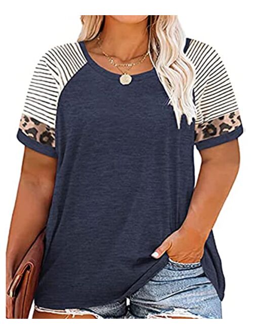 RITERA Plus Size Tops for Women Leopard Camo Floral Print Oversized Color Block Tunic Round Neck Summer Short Sleeve Shirt