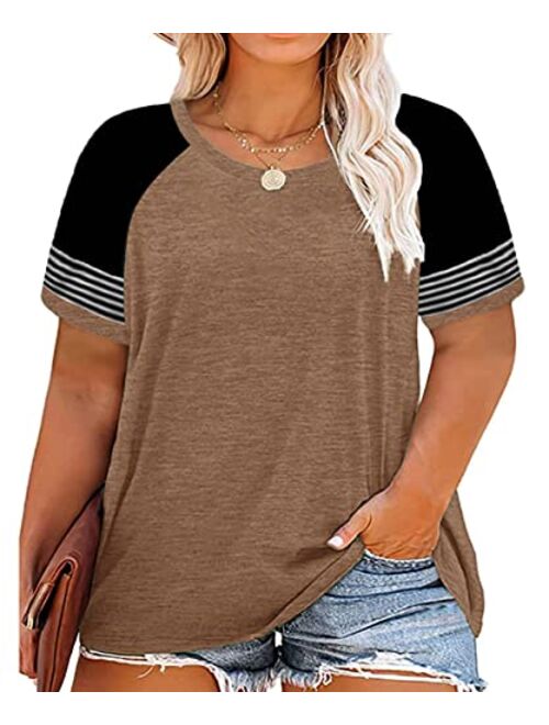 RITERA Plus Size Tops for Women Leopard Camo Floral Print Oversized Color Block Tunic Round Neck Summer Short Sleeve Shirt