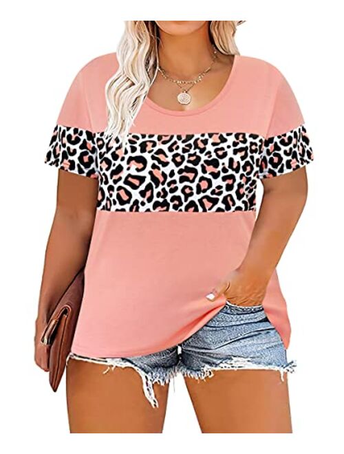 RITERA Plus Size Tops for Women Leopard Camo Floral Print Oversized Color Block Tunic Round Neck Summer Short Sleeve Shirt