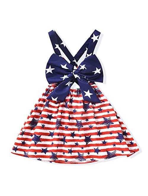 Noubeau 4th of July Toddler Baby Girl Outfits Bow Halter Dress Backless Dresses Star Stripes Patriotic Summer Clothes