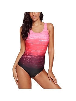 Zhizihua Women's One Piece Swimsuits gradient stripe print gather swimsuit Athletic Training Women Swimwear Swimming Bathing Suits