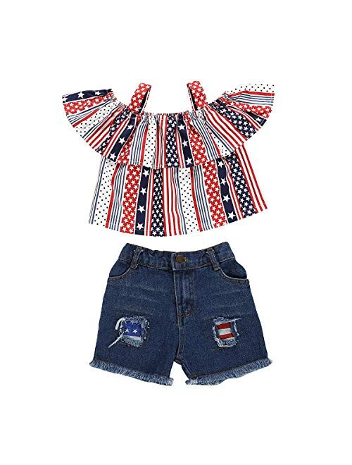 Ammengbei 4th of July Toddler Baby Girls Independence Day Outfit Stars Stripe Ruffle Crop Tops+Denim Shorts 2PCS Patriotic Set