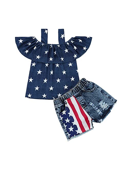 Ammengbei 4th of July Toddler Baby Girls Independence Day Outfit Stars Stripe Ruffle Crop Tops+Denim Shorts 2PCS Patriotic Set