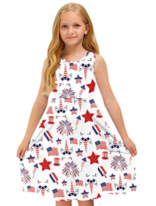 BesserBay Girl's Fourth of July American Flag Dress Stars Stripes Swing Midi Tank Dress 4-14 Years