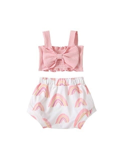 Noubeau Toddler Girl Clothes Ribbed Bow Halter Crop Top Cute Tank Tops Rainbow Bloomers Shorts Baby Girl Summer Outfit