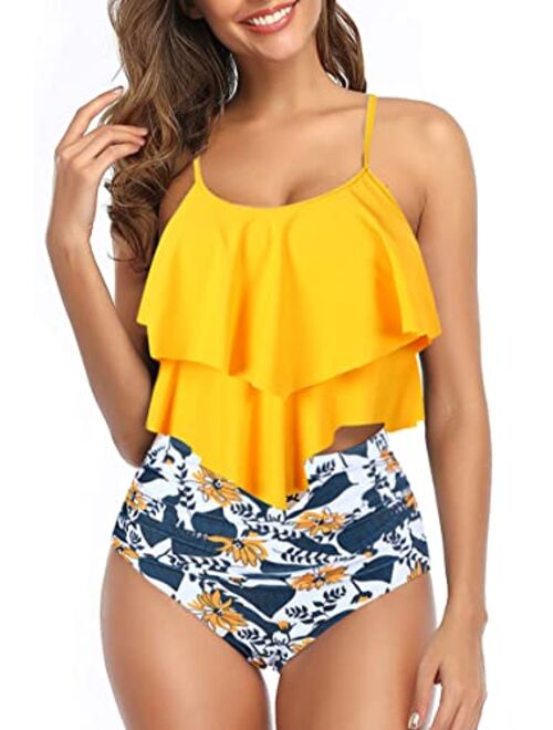 Adisputent Womens Tankini Swimsuits Ruffled Tank Top Tummy Control Floral Modest Swimwear High Waisted Bikini Two Piece Bathing Suits