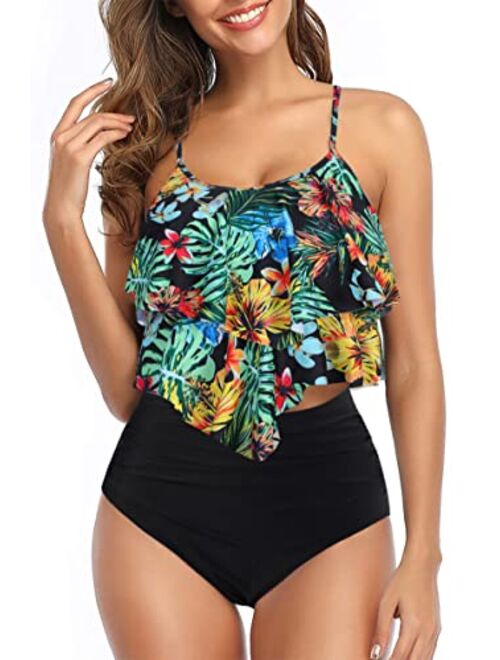 Adisputent Womens Tankini Swimsuits Ruffled Tank Top Tummy Control Floral Modest Swimwear High Waisted Bikini Two Piece Bathing Suits