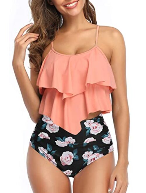 Adisputent Womens Tankini Swimsuits Ruffled Tank Top Tummy Control Floral Modest Swimwear High Waisted Bikini Two Piece Bathing Suits