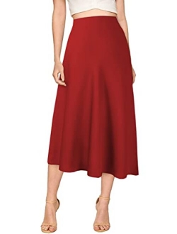 Verreisen Women's Elegant Midi Satin Skirt for Work Women Causal Elastic High Waist