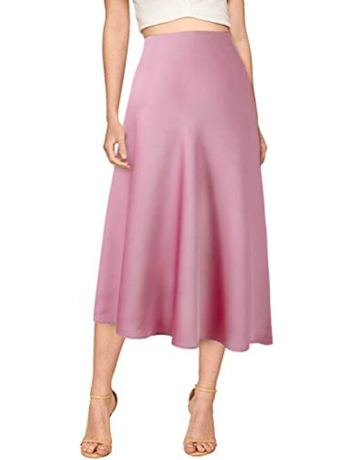 Verreisen Women's Elegant Midi Satin Skirt for Work Women Causal Elastic High Waist