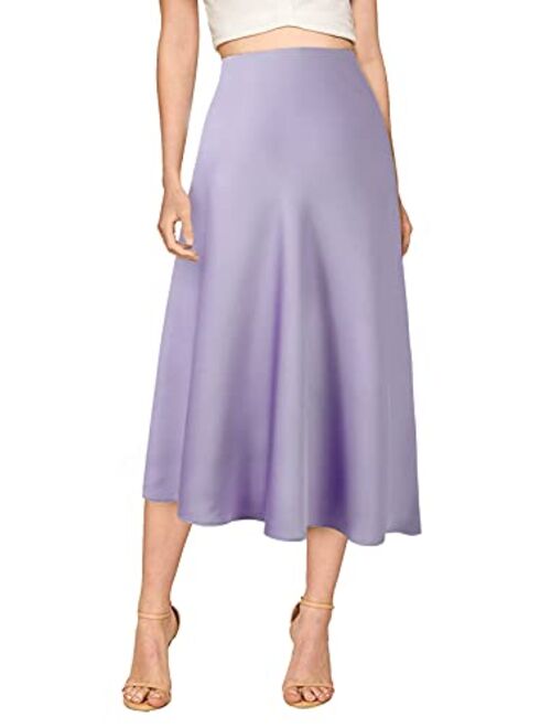 Verreisen Women's Elegant Midi Satin Skirt for Work Women Causal Elastic High Waist