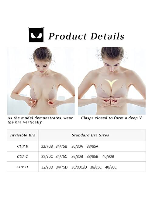 Afinniee 2 Pairs Sticky Bra Backless Strapless Push up Bras for Women, Adhesive Invisible Lift Bra for Large Breasts