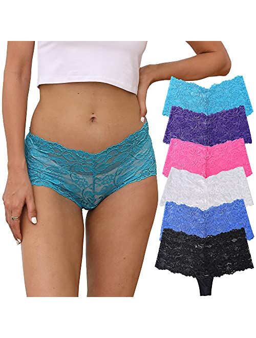 Agdoizry 6 Pack Women's Hipster Lace Trim Boyshort Underwear Panties Sheer Plus Size