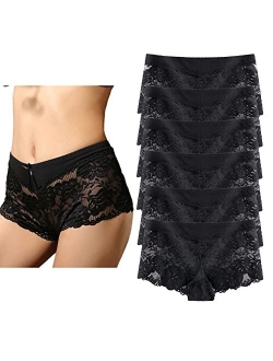 Yaoking Women's Underwear Regular & Plus Size Panties Sexy Lace Boyshort Hipster Cheeky Panty- 6 Pack