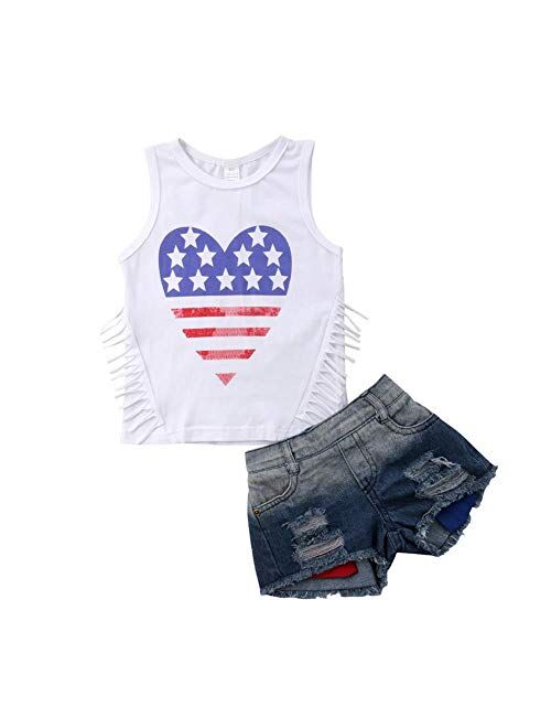 Noubeau 4th of July Toddler Girl Outfit American Flag Halter Top Girls Ripped Jeans Denim Shorts Baby Girl Summer Clothes