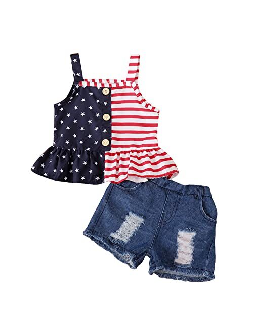 Noubeau 4th of July Toddler Girl Outfit American Flag Halter Top Girls Ripped Jeans Denim Shorts Baby Girl Summer Clothes