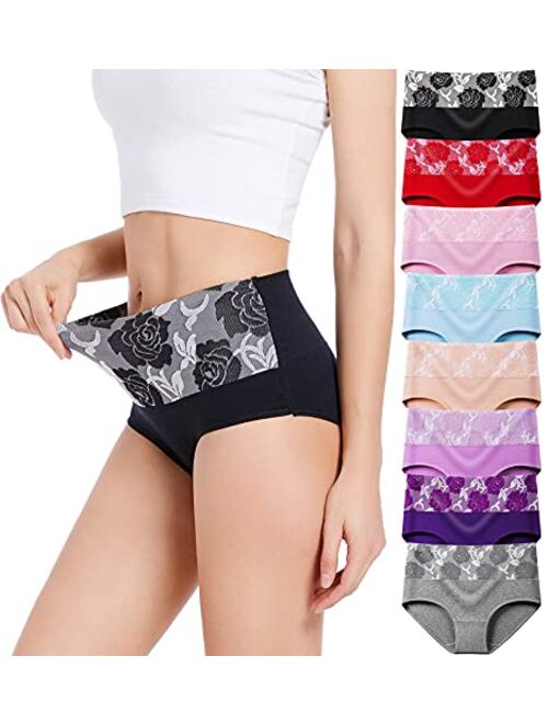 HAVVIS Women's Briefs Underwear Cotton High Waist Tummy Control Panties Rose Jacquard Ladies Panty Multipack