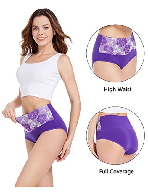 HAVVIS Women's Briefs Underwear Cotton High Waist Tummy Control Panties Rose Jacquard Ladies Panty Multipack