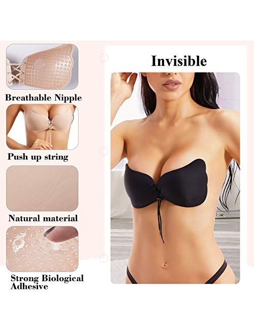 IYY 2 Pack Push Up Sticky Bra for Women, Reusable Invisible Bra Backless Strapless Bra Adhesive Bra