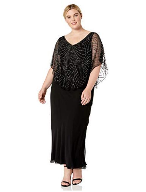 J Kara Women's Plus Size Pop Over Long Beaded Dress