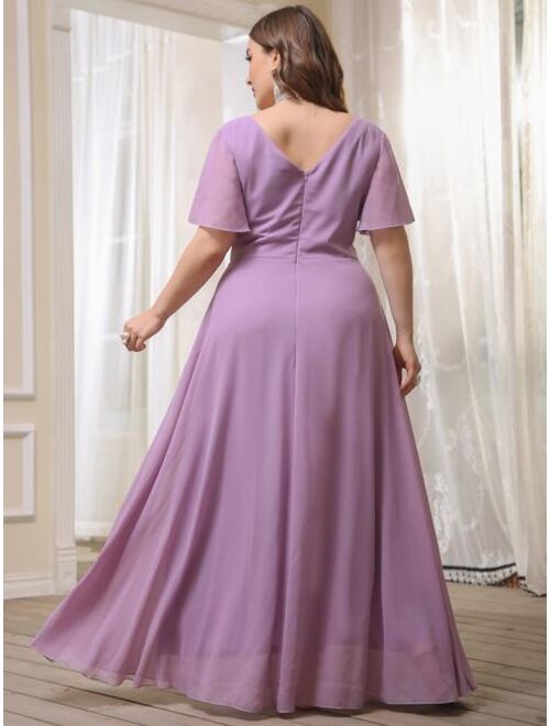 Shein Plus Chiffon Double V-neck Flutter Sleeve Maxi Bridesmaid Dress